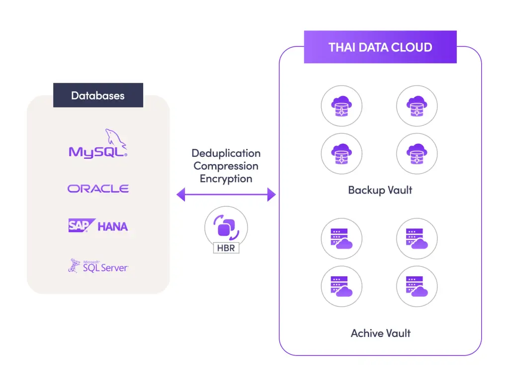 แผนภาพบริการ Database Backup ของ THAI DATA CLOUD สำรองฐานข้อมูลหลายชนิดขึ้นเก็บบนคลาวด์