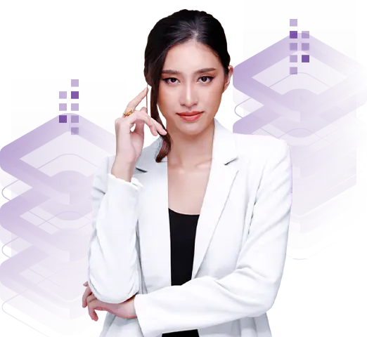 ภาพประกอบบริการ NAS Backup เจ้าหน้าที่ในชุดสูททำงานยืนอยู่หน้ากราฟิกชั้นจัดเก็บข้อมูลแบบซ้อนชั้น