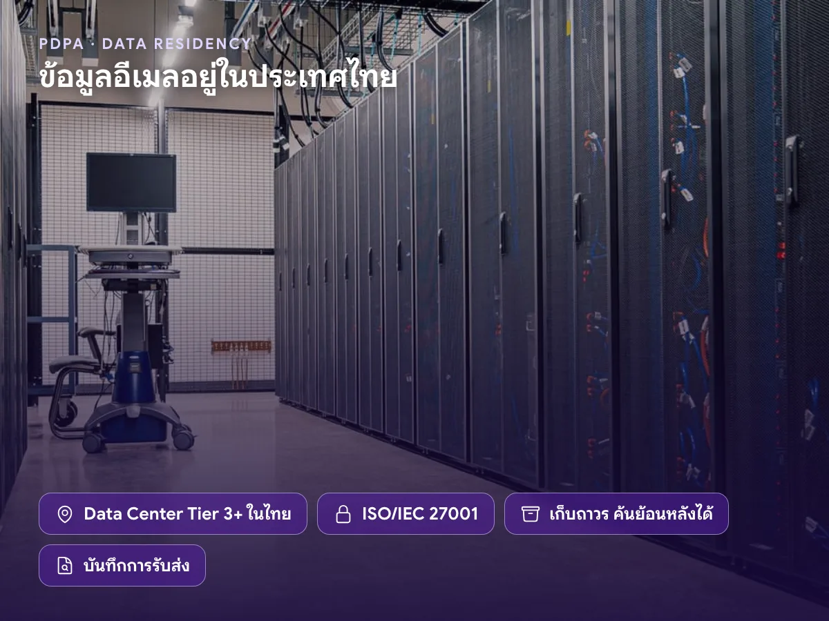 ข้อมูลอีเมลอยู่ใน Data Center Tier 3+ ในประเทศไทย มาตรฐาน ISO/IEC 27001 เก็บถาวรและค้นย้อนหลังได้