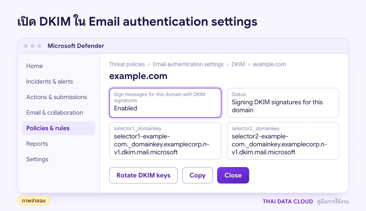 หน้าจอจำลองการตั้งค่า DKIM ใน Microsoft Defender portal เปิดสวิตช์ Sign messages for this domain with DKIM signatures