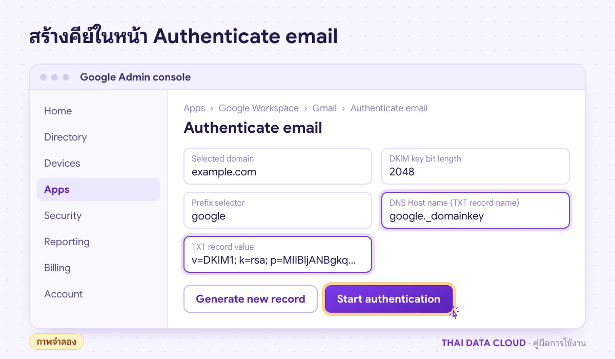 หน้า Authenticate email ใน Google Admin console แสดงชื่อระเบียน google._domainkey ค่า TXT ของคีย์ DKIM และปุ่ม Start authentication