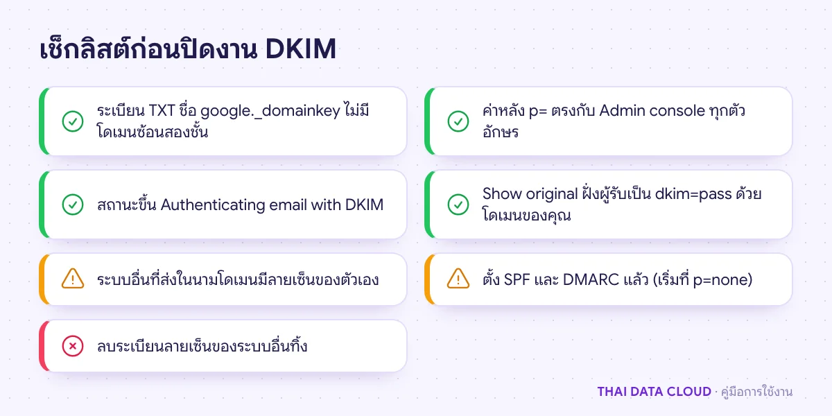 เช็กลิสต์ตรวจงาน DKIM ชื่อระเบียน ค่า p= สถานะ Authenticating และผล pass รวมถึงสิ่งที่ไม่ควรทำ