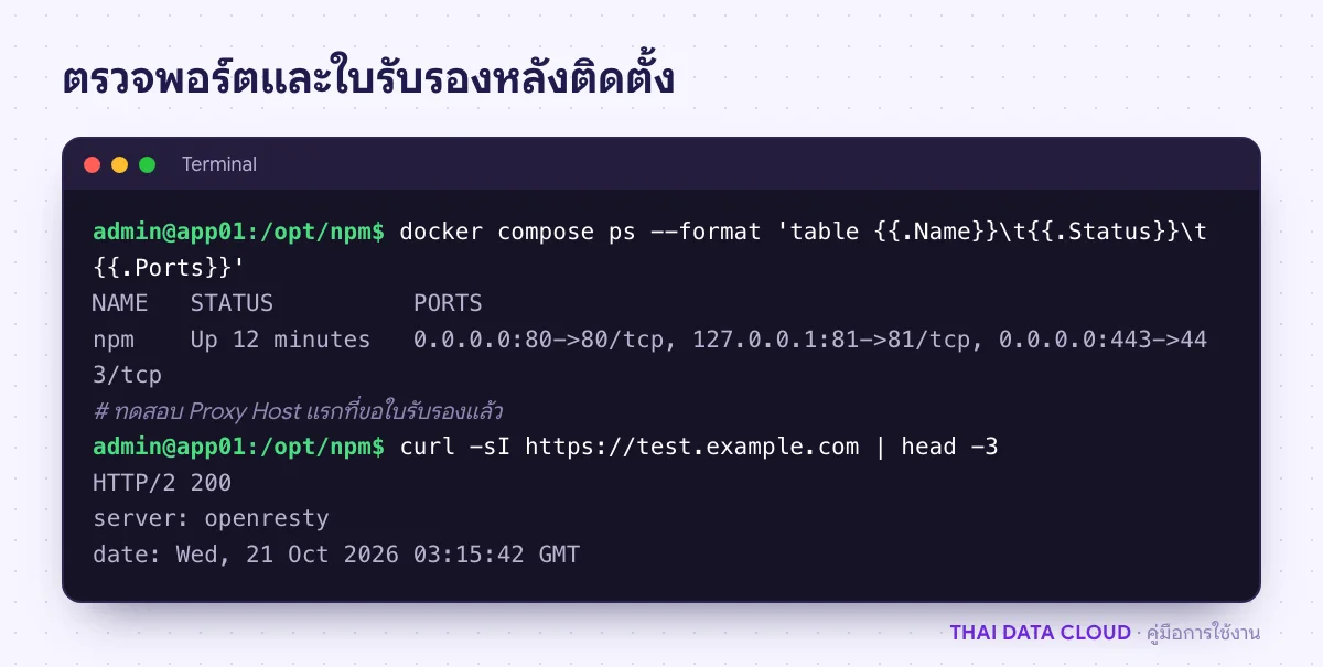 ผลคำสั่ง docker compose ps ของ Nginx Proxy Manager ที่พอร์ต 81 ผูกกับ 127.0.0.1 และ curl ที่ได้ HTTP/2 200