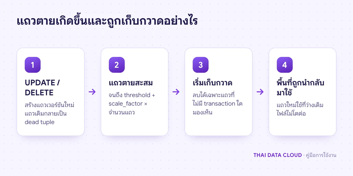 ลำดับการเกิด dead tuple จาก UPDATE และ DELETE จนถึงการเก็บกวาดโดย Autovacuum และการนำพื้นที่กลับมาใช้