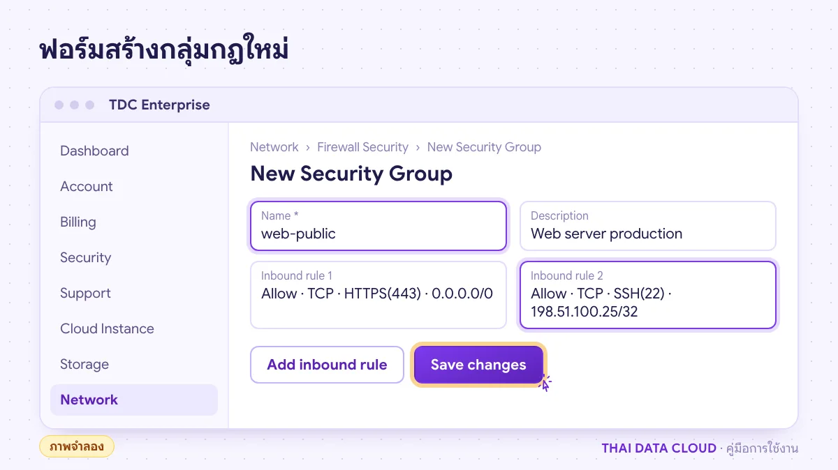 ภาพจำลองฟอร์ม New Security Group ใน TDC Enterprise มีช่อง Name, Description กฎ Inbound และปุ่ม Save changes