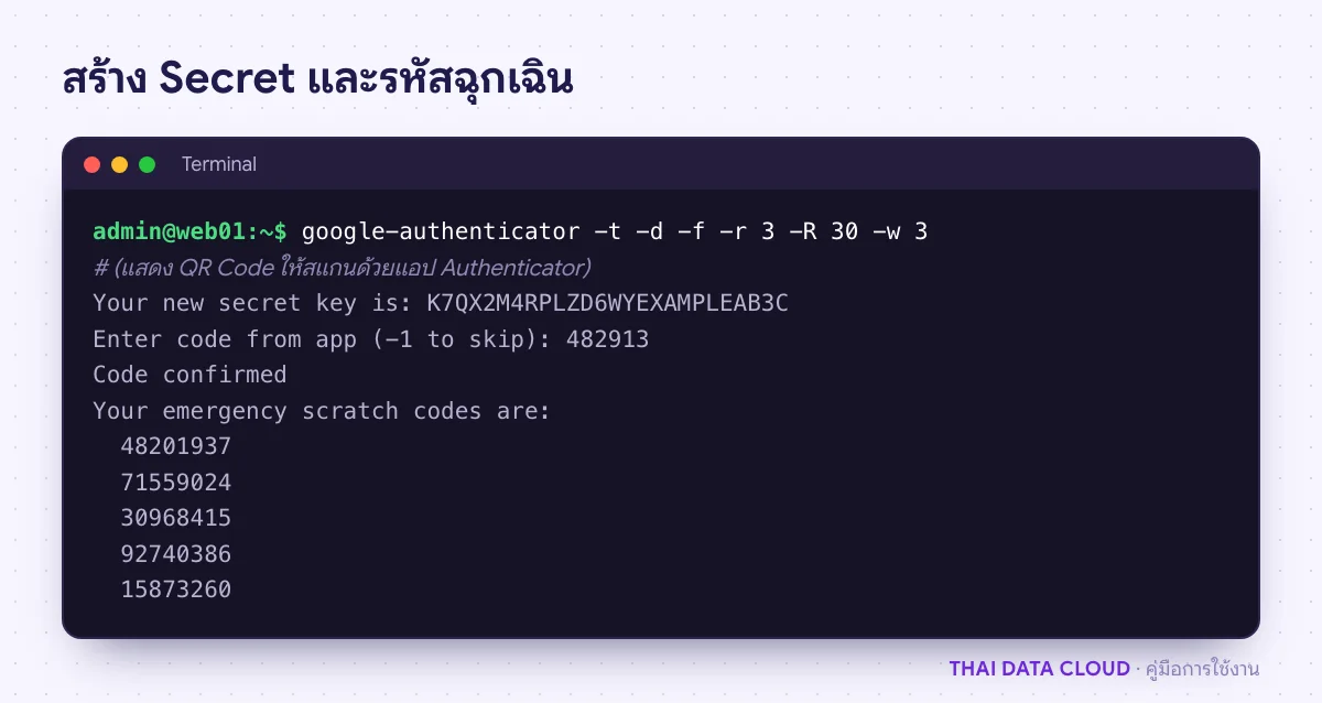 หน้าจอคำสั่ง google-authenticator สร้าง Secret สำหรับ SSH 2FA ยืนยันรหัสและแสดงรหัสฉุกเฉิน