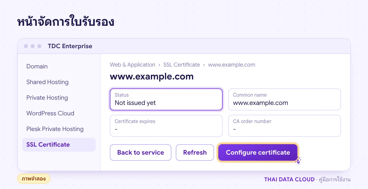 ภาพจำลองหน้าจัดการ SSL Certificate ใน TDC Enterprise การ์ด Status Common name Certificate expires และปุ่ม Configure certificate