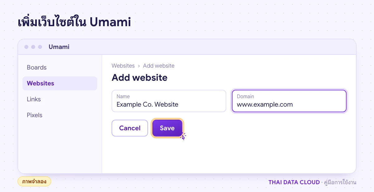 ภาพจำลองหน้าต่าง Add website ของ Umami กรอก Name และ Domain ของเว็บไซต์ก่อนกด Save เพื่อรับ Tracking code