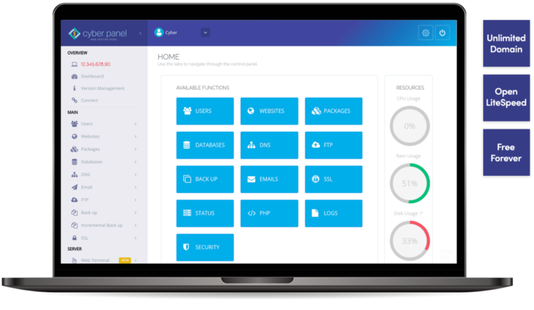 Pricing Cloud Cyber Panel ตัวอย่างหน้าจอแผงควบคุม CyberPanel