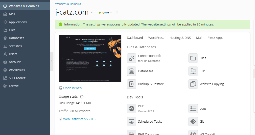 Settings PHP version plesk