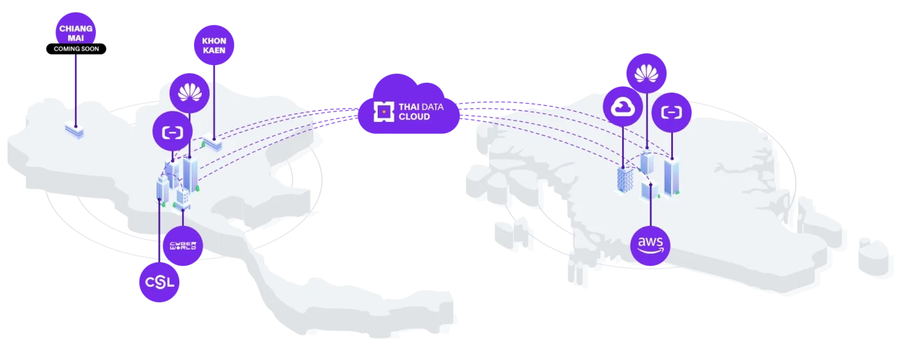 แผนที่ Data Center ของ THAI DATA CLOUD ในไทยและสิงคโปร์