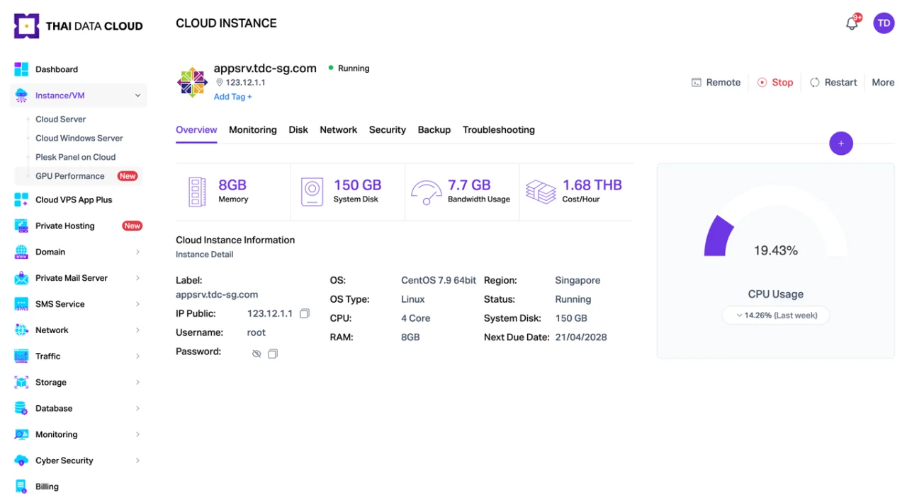 หน้า Cloud Console สำหรับจัดการ Cloud Linux Server ของ THAI DATA CLOUD